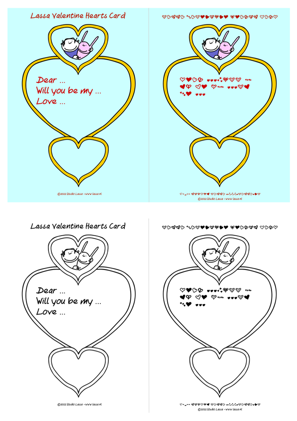 Lassa Valentine card in hearts. On the left in readable text, on the right in hearts. In colour and black-and-white.