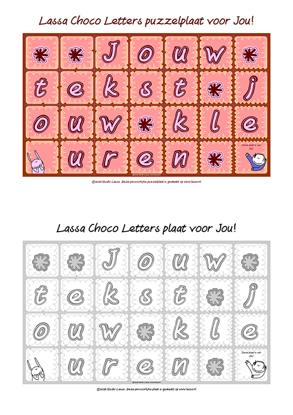 Chocoletter puzzel maken met eigen tekst in kleur en zwart-wit. Print 2x en je hebt je eigen geheugenspel.