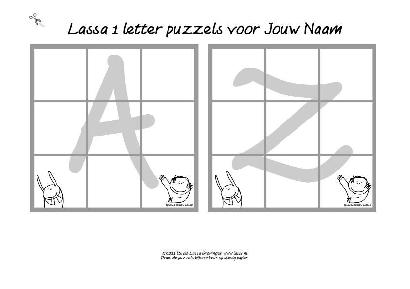 Twee puzzels met door jouw gekozen cijfer of letter in zwart-wit om zelf kleur te geven.