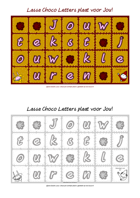 Maak een Sinterklaas Choco letters plaat.<br> In kleur en zwart-wit.<br> Ook geschikt als puzzel, inpakpapier, geheugenspel of placemat.