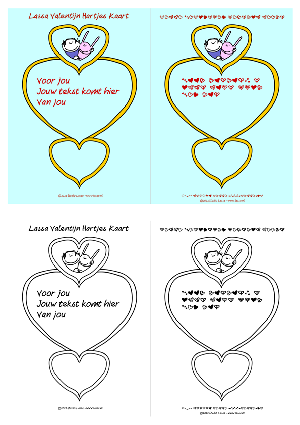 Maak een Lassa Hartjes Valentijnskaart in hartjes geheimschrift getypt. In kleur en zwart-wit.