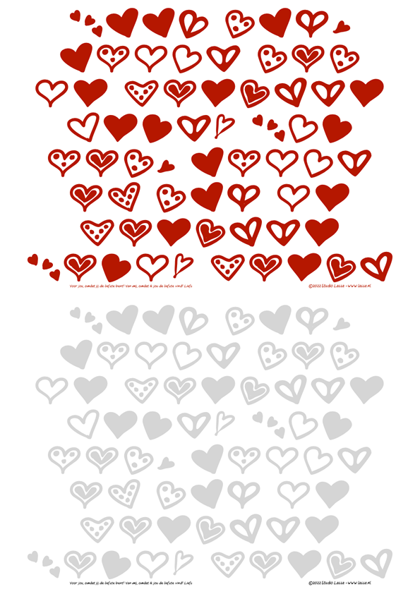 Valentijn kadopapier in geheimschrift hartjes. In rood of grijs om zelf te kleuren.